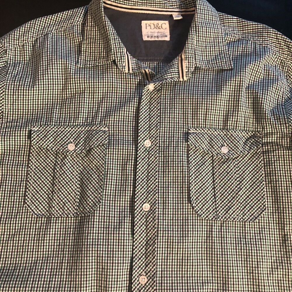 PD&C XL Men's Long Sleeve Shirt 100% Cotton ButtonUp Green‎ White & Black Plaid